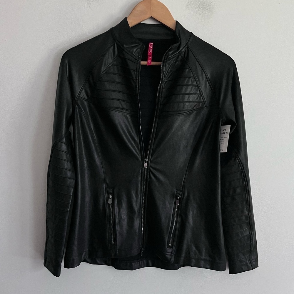 Spanx Faux Leather Moto Look Full Zip Ribbed Long Sleeve Jacket Black Size S